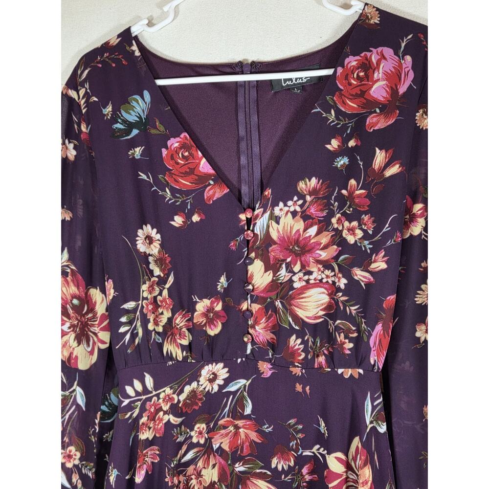 Lulus Always Yours Plum Purple Floral Print Long Sleeve Skater Dress size L - Picture 4 of 6
